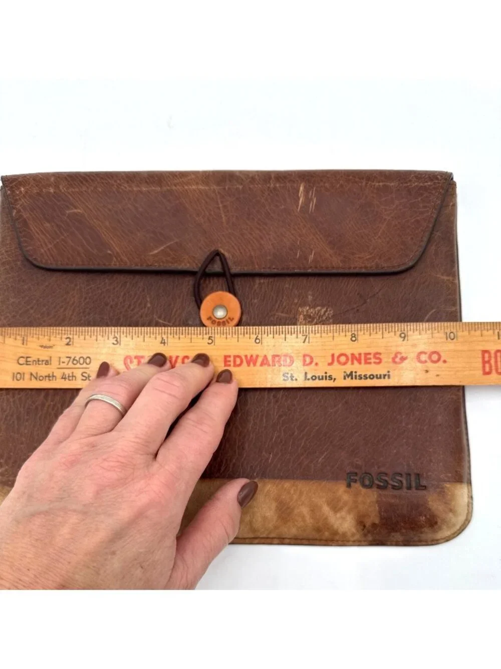 Fossil Brown Distressed Leather Envelope Clutch Bag With Button Closure